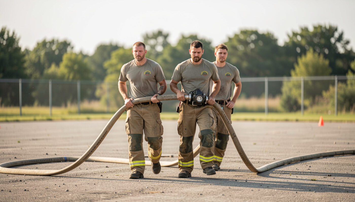 Firefighter candidates in exercise clothes carrying a charged hose line together across a training ground.