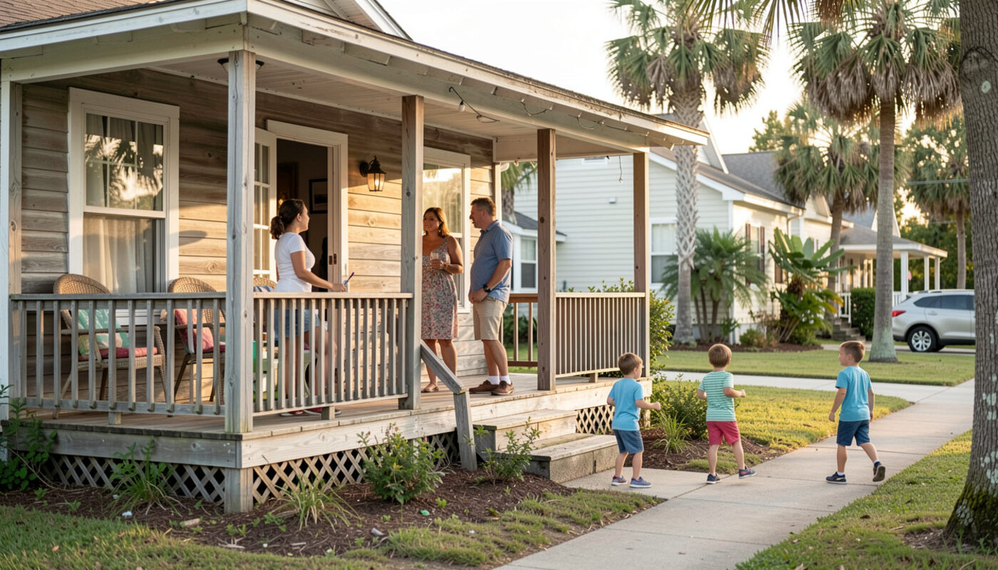 Neighbors talking on the porch of an older wooden house while children play on the sidewalk in late afternoon.
