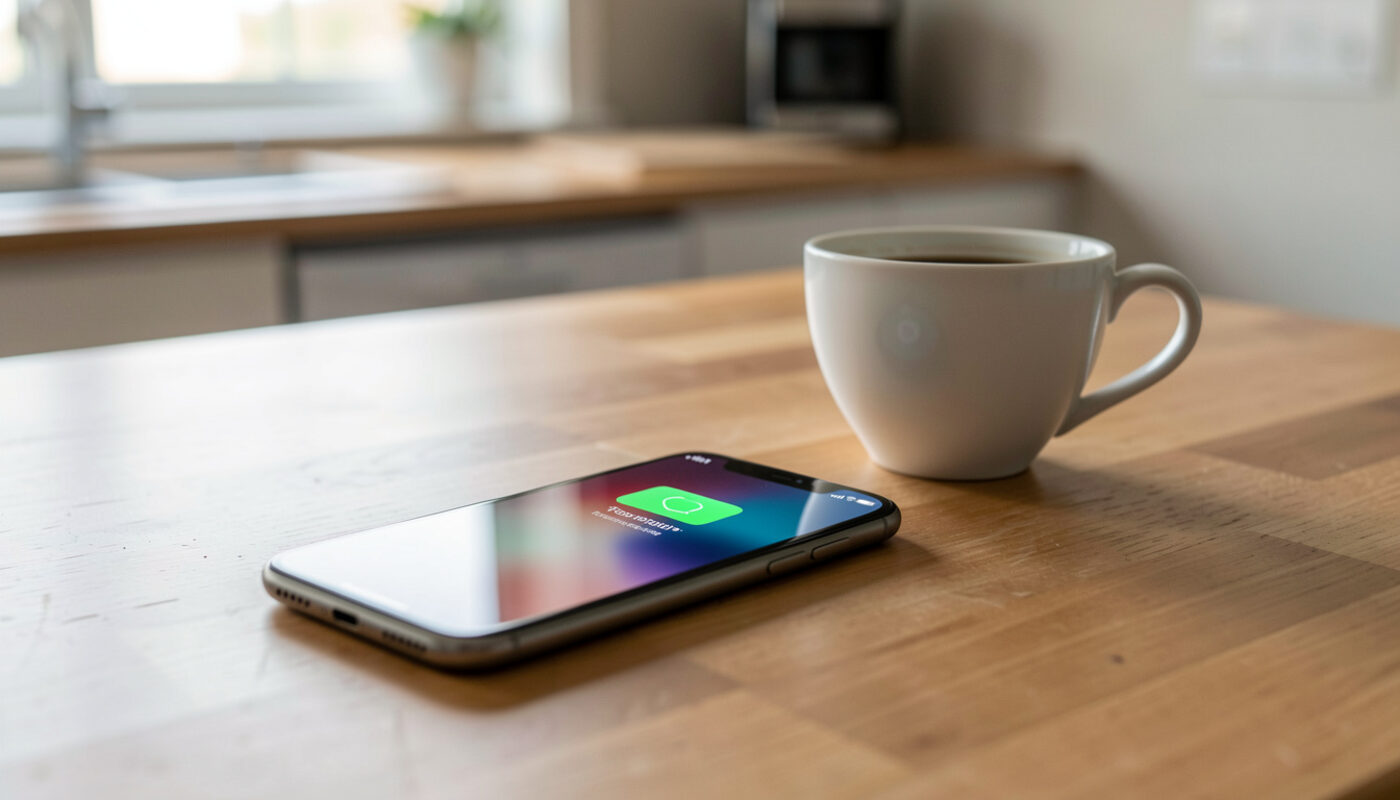 A smartphone on a kitchen table showing an emergency alert banner beside a coffee cup in morning light.
