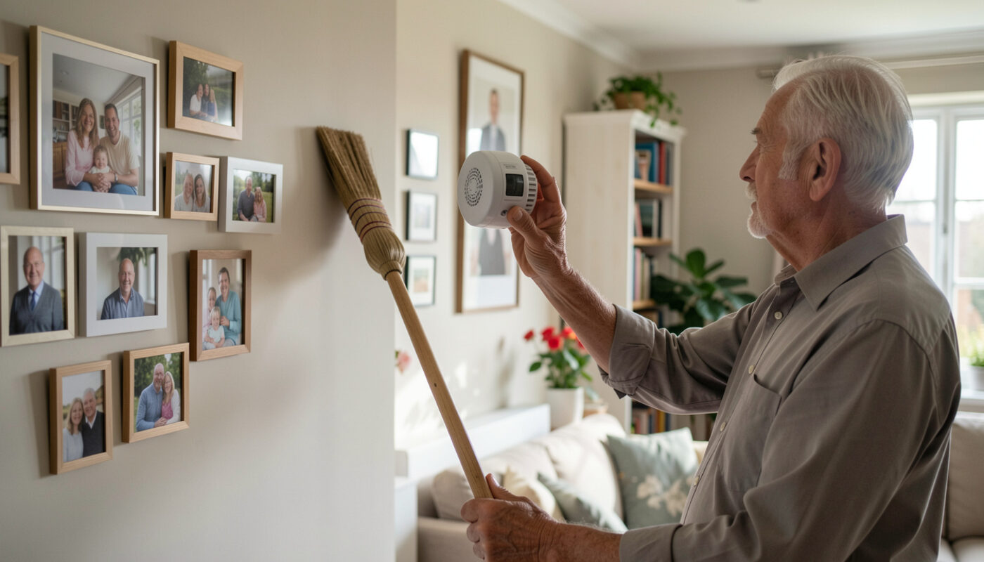 An elderly man testing a wall smoke alarm with a broom handle in a tidy living room with family photographs.