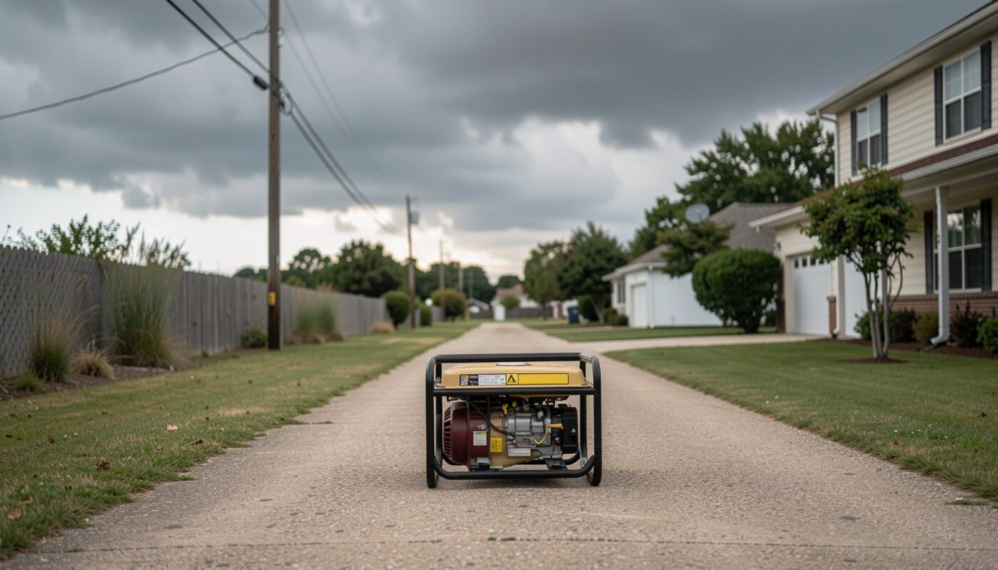 A portable generator running outdoors at the far end of a driveway, far from the house, under a gray post-storm sky.