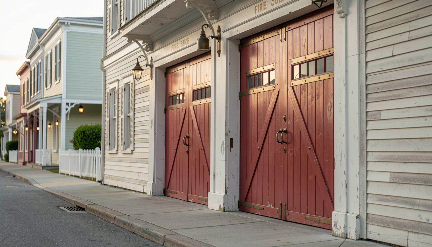 A narrow street of old wooden and coquina houses in St. Augustine at golden hour, a red fire hydrant at the curb.
