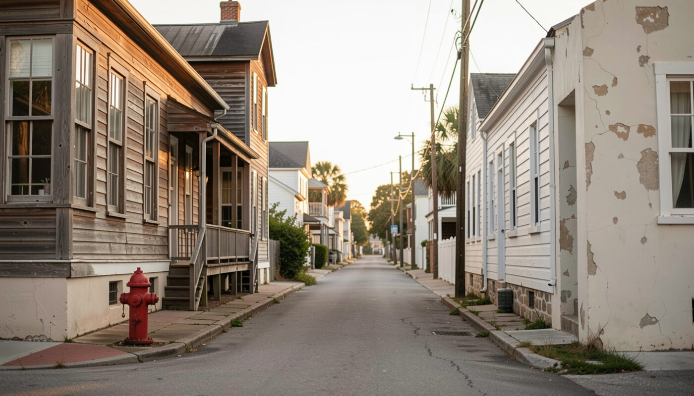 A narrow street of old wooden and coquina houses in St. Augustine at golden hour with a red fire hydrant at the curb.