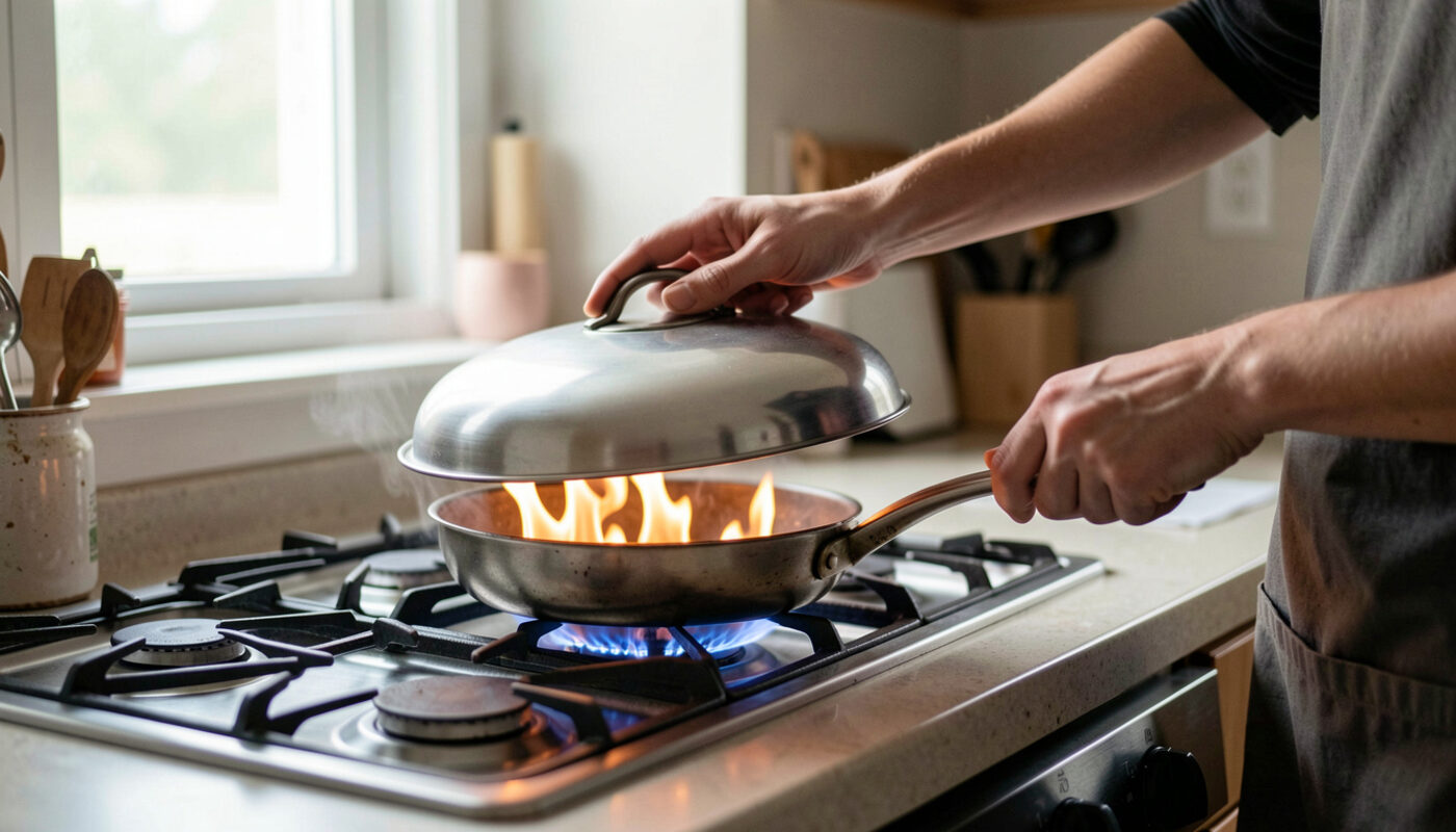 A cook sliding a metal lid over a small flaming pan on a residential stovetop, kitchen window light behind.