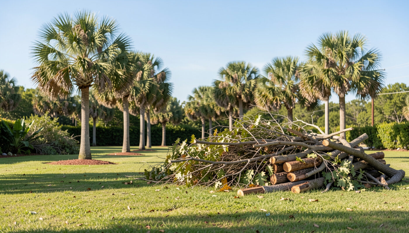 A yard with palm trees and a stacked pile of branches waiting for a permitted burn under a blue sky.
